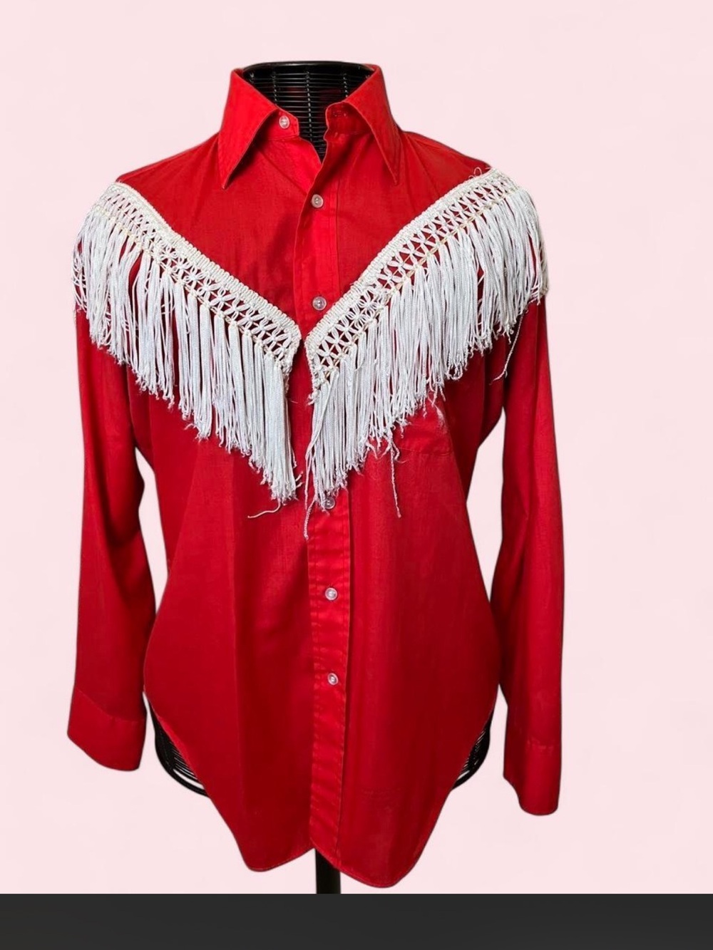 Vintage Arrow Red Cowboy Button-Down Shirt with White Fringe